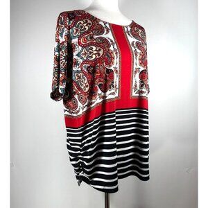 Chicos Paisley & Stripe Womens Short Sleeve Top Ruched Sides Size 3 Artsy Travel